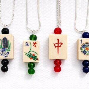 Handmade Vintage Bone and Bamboo Mah-Jongg Necklace